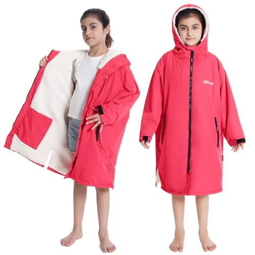 Hiturbo Warm Kids Swim Parka: Waterproof Changing Robe - Thick Fleece Lining - Oversize Swimming Coat - Hooded Surf Poncho (7-14Y, Pink) - Image 1
