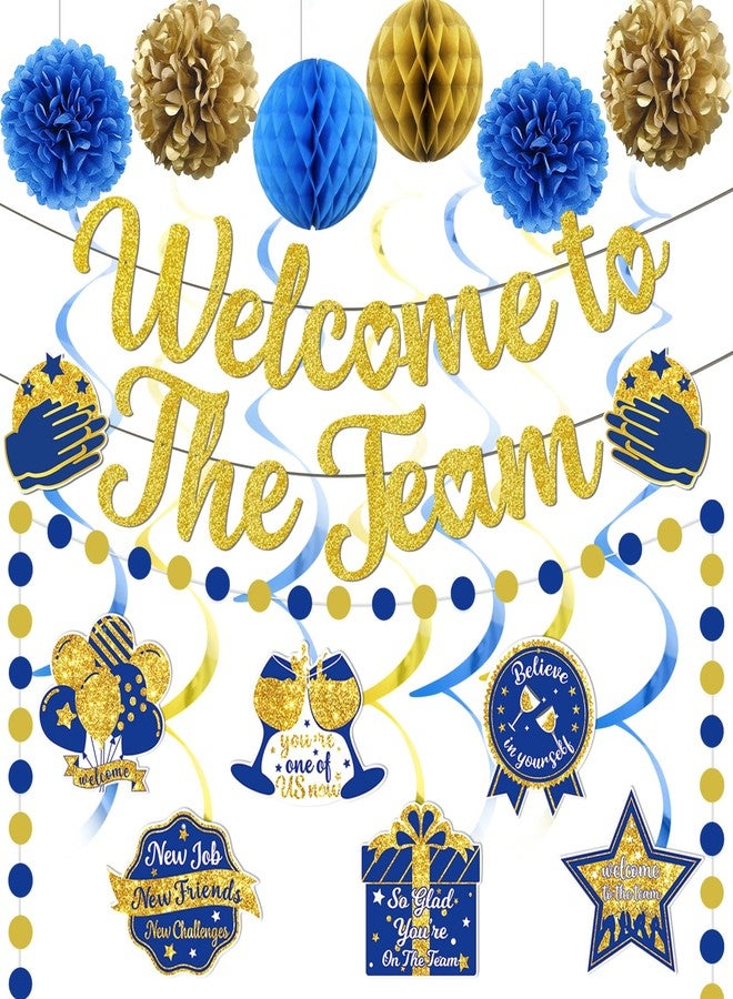 MZ.ogm Welcome To The Team Banner Gold, Welcome Banner Circle Dots Garland Hanging Swirls Paper Flowers Honeycomb Balls, Welcom e Decorations for Employee Office Teacher Colleague Staff - Image 1