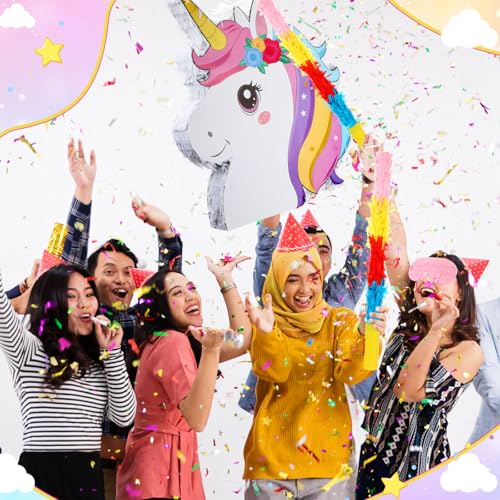 Poen 21 Inches Unicorn Piata with Piata Stick Blindfold and Confetti 21 x 18 x 3 Inches Unicorn Theme Birthday Party Game Decorations - Image 5