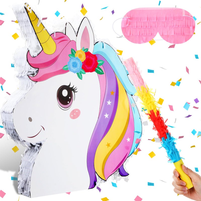 Poen 21 Inches Unicorn Piata with Piata Stick Blindfold and Confetti 21 x 18 x 3 Inches Unicorn Theme Birthday Party Game Decorations - Image 3