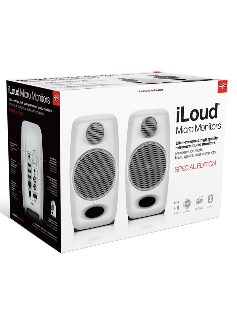 IK Multimedia - IK Multimedia iLoud Micro Monitor Pair - Ultra-compact Monitor System with 2 x 25W Powered Reference Speakers with 3" Drivers, 3/4" Silk Dome Tweeters, and BlueTooth Connectivity - White - Image 1