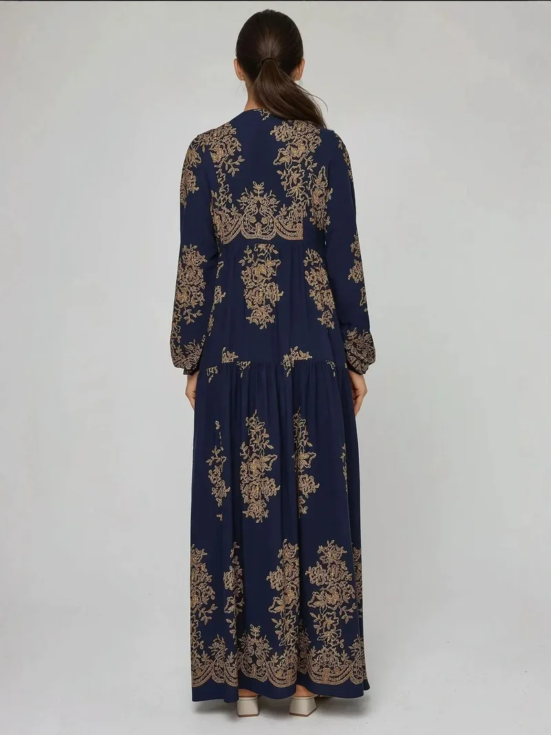 زوبعة فستان ماكسي طويل الأكمام من الفيسكوز بطبعة