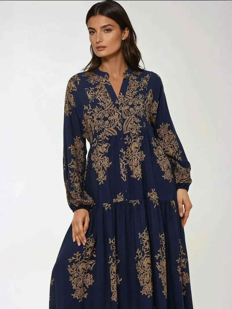 Hiccup Navy Blue Printed Long Sleeve Viscose Maxi Dress for Women | Best Price UAE