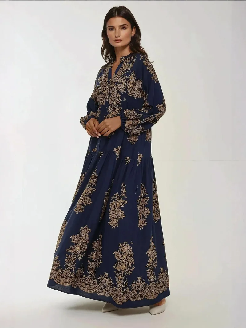 Hiccup Navy Blue Printed Long Sleeve Viscose Maxi Dress for Women | Best Price UAE