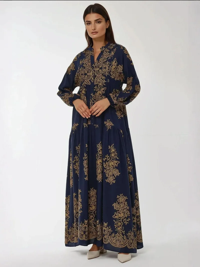 Hiccup Navy Blue Printed Long Sleeve Viscose Maxi Dress for Women | Best Price UAE