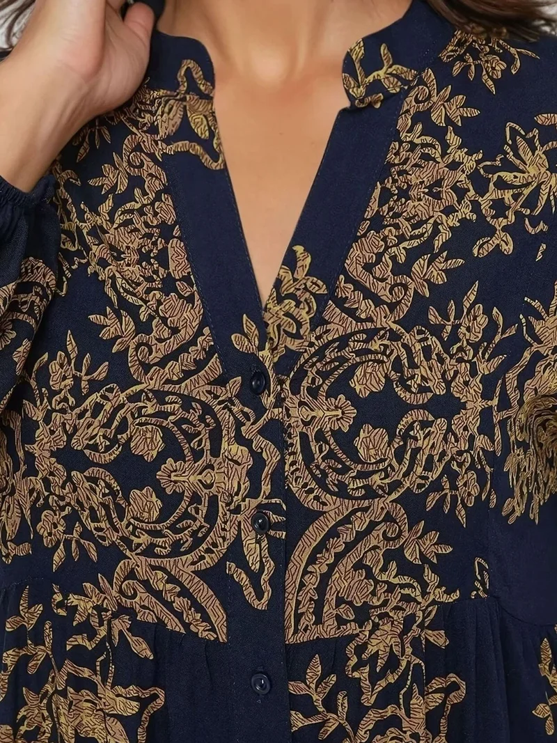Hiccup Navy Blue Printed Long Sleeve Viscose Maxi Dress for Women | Best Price UAE
