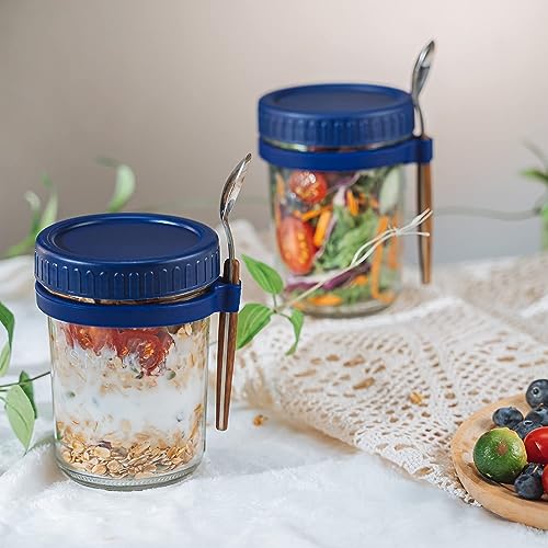 WHISKET 300 ml Overnight Oats Containers with Lids and Spoons, Glass Mason Overnight Oats Jars, Large Capacity Airtight Jars for Milk, Cereal, Fruit [Pack Of 2] (Blue) - Image 2
