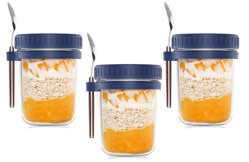 WHISKET 300 ml Overnight Oats Containers with Lids and Spoons, Glass Mason Overnight Oats Jars, Large Capacity Airtight Jars for Milk, Cereal, Fruit [Pack Of 2] (Blue) - Image 4