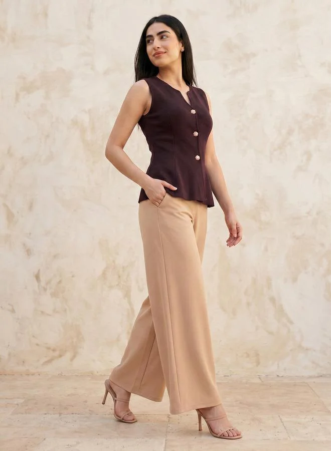 Iconic BROWN Iconic Peplum Top with Buttoned Placket for Women | Best Price UAE
