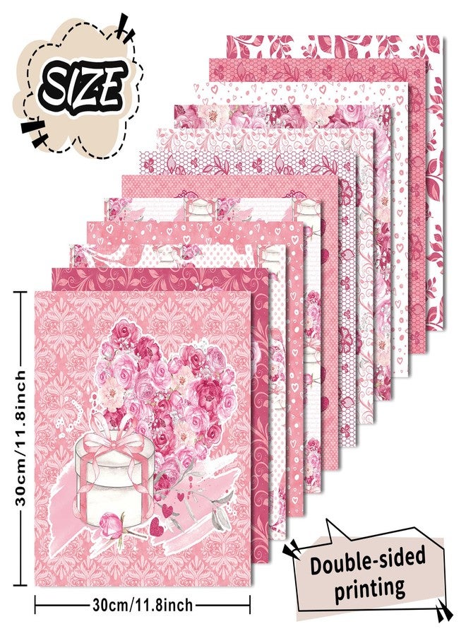 وولاين ورق Whaline بنمط عيد الحب، 24 ورقة، ورق قصاصات مزخرف بألوان مائية وزهور، ورق خاص بدفتر القصاصات، وردة وردية وقلب، ورق حرفي مزدوج الجوانب، لصنع البطاقات وتزيين ألبومات الصور، مقاس 11.8 × 11.8 بوصة - Image 2