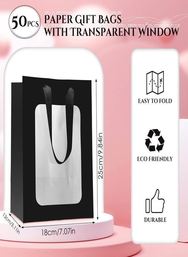Reginary 50 Pcs Paper Gift Bags with Transparent Window Clear Gift Bag with Handle 9.8 x 7.1 x 5.1 Shopping Tote Teacher Appreciation Graduation Present Bouquet Wrapping Wedding Party(Black - Image 2