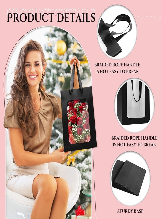 Reginary 50 Pcs Paper Gift Bags with Transparent Window Clear Gift Bag with Handle 9.8 x 7.1 x 5.1 Shopping Tote Teacher Appreciation Graduation Present Bouquet Wrapping Wedding Party(Black - Image 3