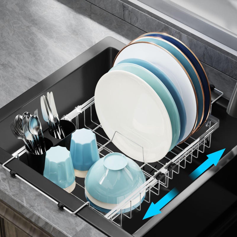 GSlife Expandable in Sink Dish Drying Rack - Stainless Steel Capacity Adjustable Over The Sink Dish Rack, Dish Drainer for Kitchen Sink Counter with Utensil Holder, Silver - Image 1