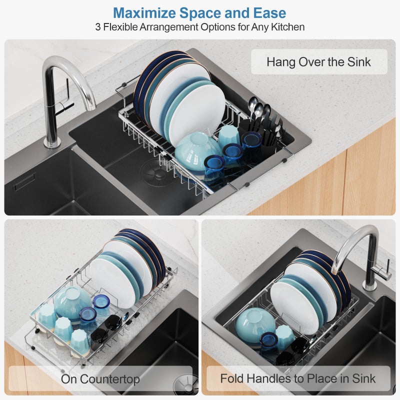 GSlife Expandable in Sink Dish Drying Rack - Stainless Steel Capacity Adjustable Over The Sink Dish Rack, Dish Drainer for Kitchen Sink Counter with Utensil Holder, Silver - Image 2