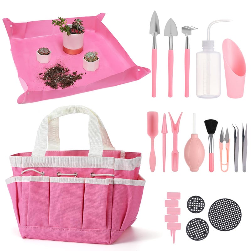 ANPHSIN 44pcs Small Gardening Tools Gifts for Women Beginners Garden Hand Tools Set for Indoor Succulent Bonsai Plants Transplanting Included BagRepotting MatShovelLabels Pink - Image 2