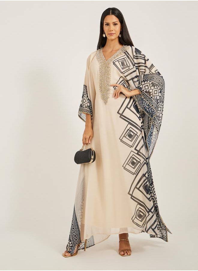 Maxim Creation Printed Embroidered V-Neck A-Line Georgette Kaftan by Styli  - Image 2