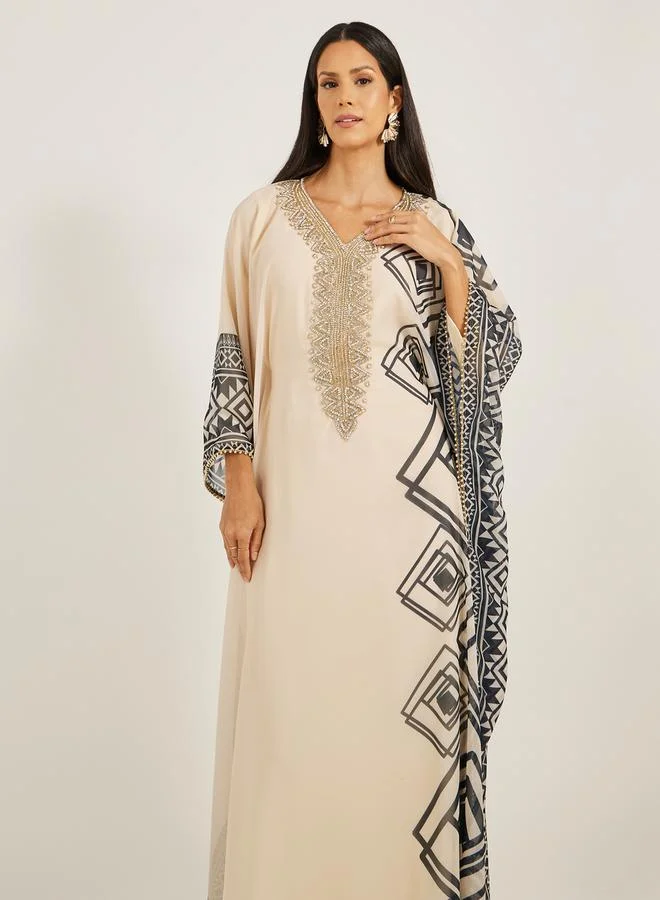 Maxim Creation Printed Embroidered V-Neck A-Line Georgette Kaftan by Styli