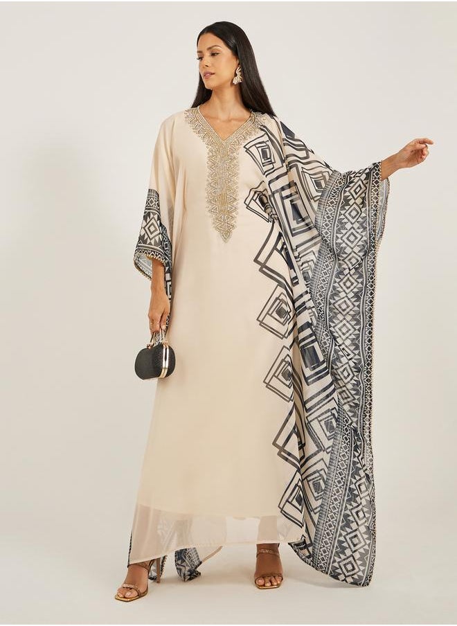 Maxim Creation Printed Embroidered V-Neck A-Line Georgette Kaftan by Styli  - Image 1