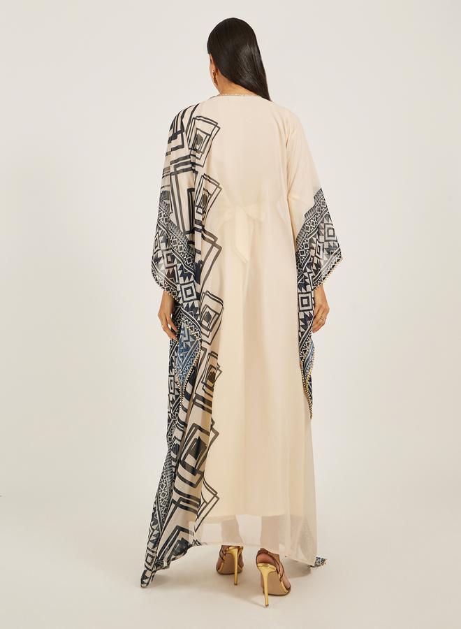 كفتان جورجيت بتطريز مطبوع وياقة على شكل حرف من ستا...