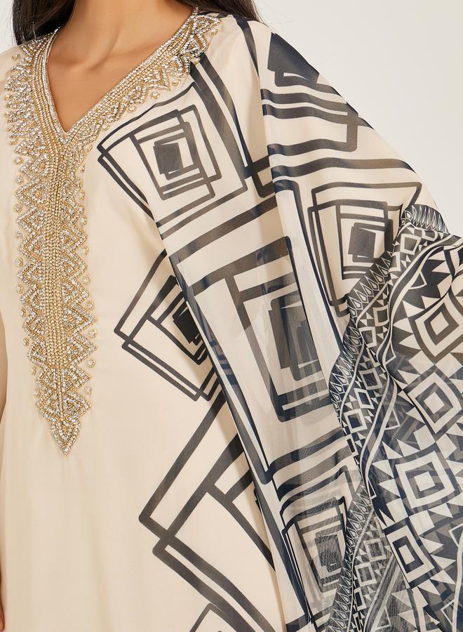 كفتان جورجيت بتطريز مطبوع وياقة على شكل حرف من ستا...