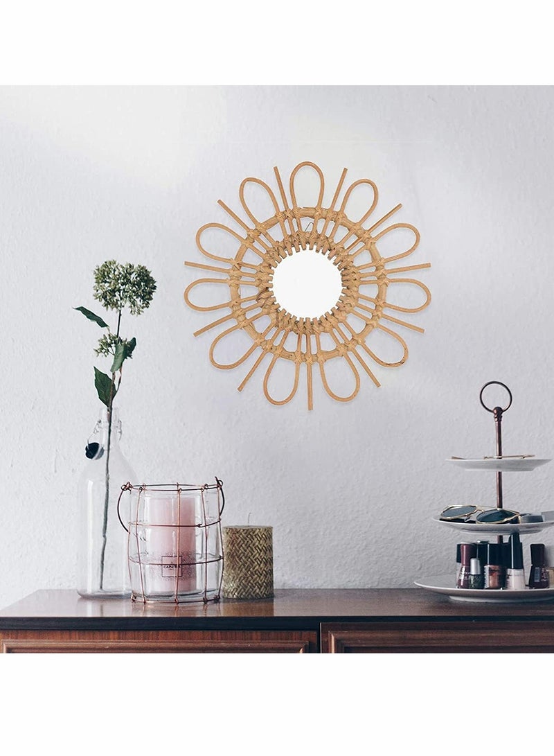 Excefore Rattan Wall Mirror Round Hanging Mirror Sunflower Circular Wall Mirror Decor Nordic Style Wicker Dressing Makeup Mirror Decor - Image 4