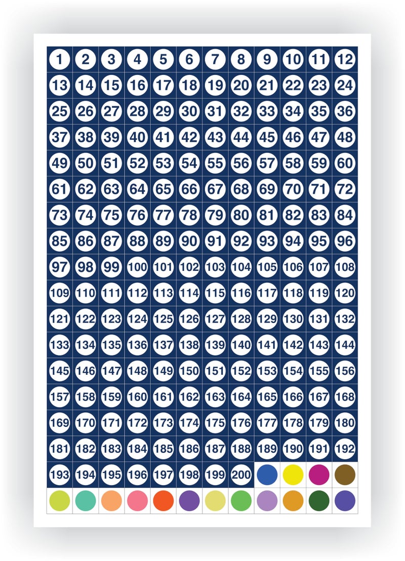 Kelenate® (Total 216 Pieces) 1-200 Number Stickers (200 Pcs), Colour Dots (16 Pcs) 25 mm Square (1 Inch), Vinyl, Multicolour - Image 1
