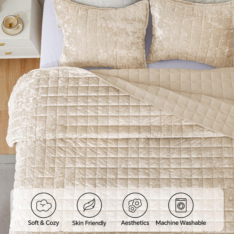 BEDELITE Velvet Quilt Set Queen Size - Luxury Velvet Comforter Bedding Set 3 Pieces, Lightweight Soft Cozy Shiny Urban Taupe Oversized Bedspread Coverlet for All Seasons with 2 Pillow Shams - Image 3