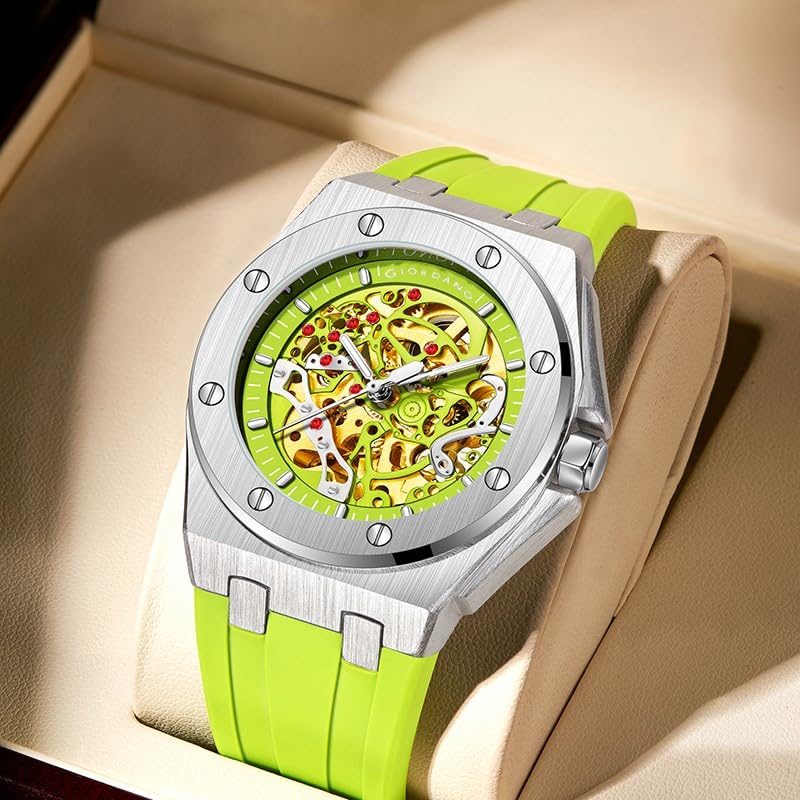 Giordano Automatic Watch for Men – Mechanical Skeleton Dial,Transparent Gear Display, Silicon Strap - Image 4