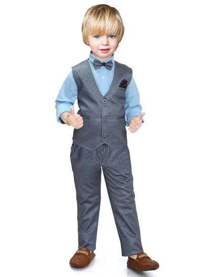 بيبي كلو 4 Pieces Kids Boys Suit shirt pants with waistcoat and bow tie formal Set long sleeve set