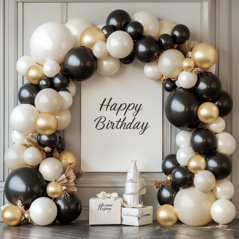Zesliwy Black White Gold Balloon Arch Kit,Double Stuffed Pearl Sand White Balloon Garland Different Sizes 18/12/5 Inch Chrome Cream Balloons for Graduation Wedding Birthday Bachelorette Party Decorations - Image 1