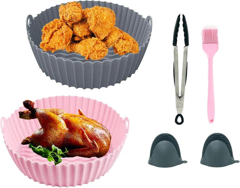VALTUJA Air Fryer Silicone Liners 2 PCS Round with Oven Mitts Basting Brush and a Pair of Tongs Reusable Silicone Molds Air Fryer Accessories Replacement of Parchment Paper 75 in Pink Grey
