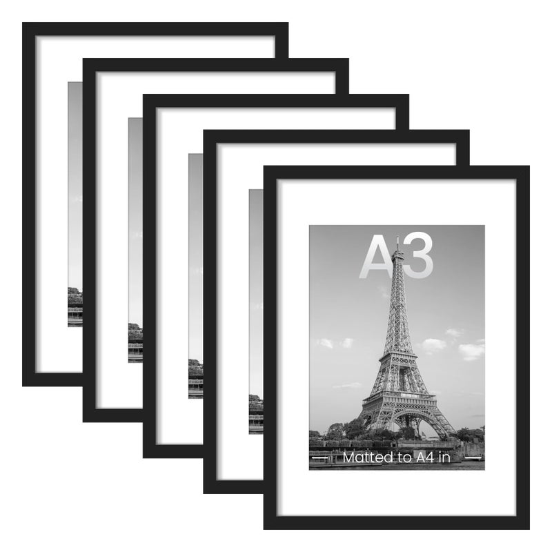 upsimples upsimples A3 Picture Frame Set of 5 Display Pictures 83x117 with Mat or 117x165 Without Wall Gallery Poster Frames Black