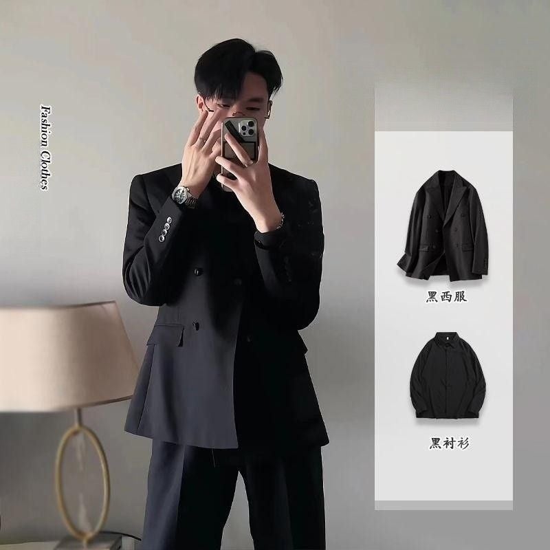 Black suit jacket men's spring and autumn business men's clothing high-grade shoulder pad handsome double-breasted suit full set men's clothing - Image 4