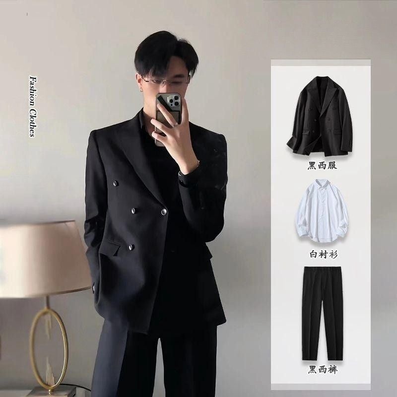Black suit jacket men's spring and autumn business men's clothing high-grade shoulder pad handsome double-breasted suit full set men's clothing - Image 3