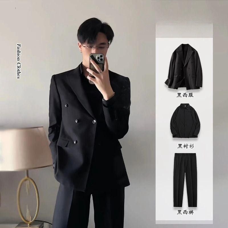 Black suit jacket men's spring and autumn business men's clothing high-grade shoulder pad handsome double-breasted suit full set men's clothing - Image 2