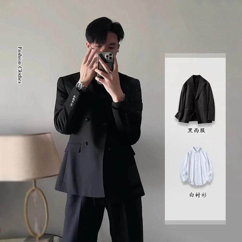 Black suit jacket men's spring and autumn business men's clothing high-grade shoulder pad handsome double-breasted suit full set men's clothing - Image 5