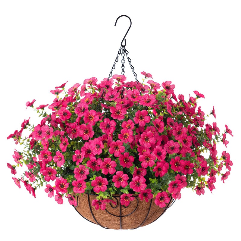HyeFlora Artificial Fake Hanging Plants Flowers Basket for Outdoor Outside Porch Summer Decoration, Faux Silk Hotpink Dasiy UV Resistant Realistic in Planter for Home Patio Garden Yard - Image 1