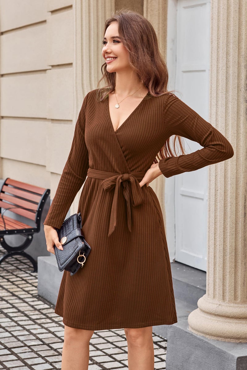 Newshows Womens Fall Dresses Church 2025 Long Sleeve Teacher Midi Knit Sweater Dresses Business Casual Work Winter Pockets Dress(Caramel,L) - Image 2