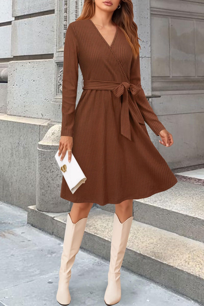 Newshows Womens Fall Dresses Church 2025 Long Sleeve Teacher Midi Knit Sweater Dresses Business Casual Work Winter Pockets Dress(Caramel,L) - Image 4