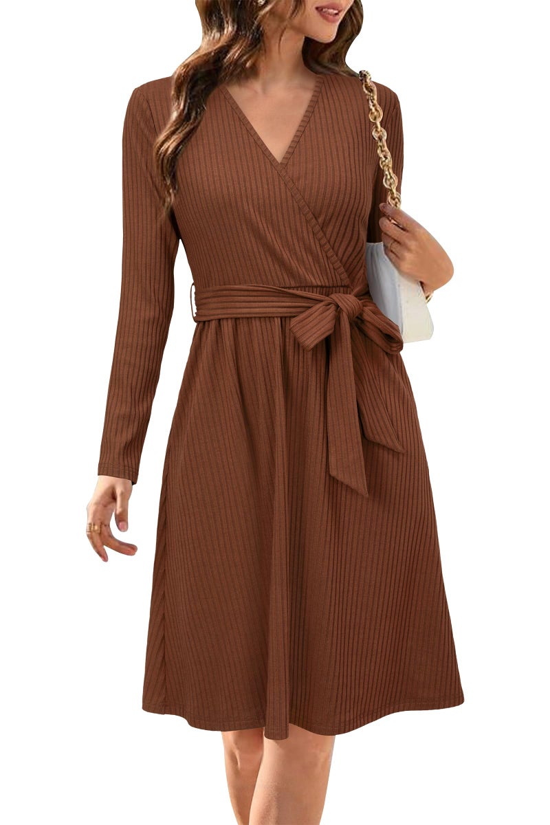 Newshows Womens Fall Dresses Church 2025 Long Sleeve Teacher Midi Knit Sweater Dresses Business Casual Work Winter Pockets Dress(Caramel,L) - Image 1