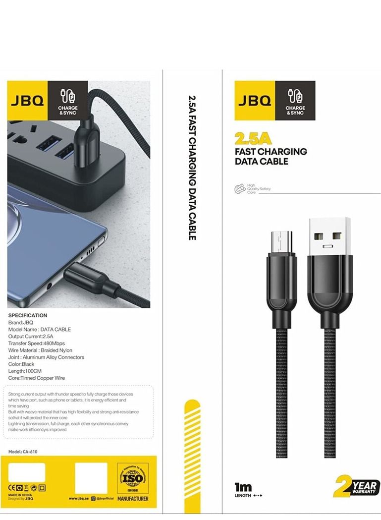 JBQ Micro USB Data Cable With Braided Nylon 2.5A Fast Charge and Sync Transfer Speed of 480Mbps, 100cm, Black, CA-610 - Image 3