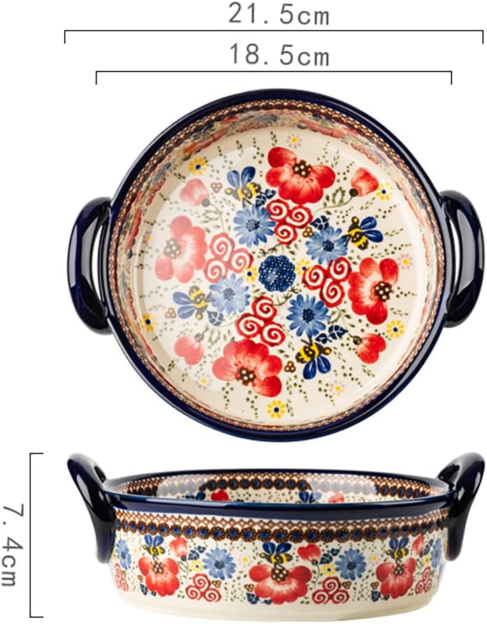 Bicuzat Vintage Flowers Style Ceramic Bakeware Casserole Dish Baking Pan Lasagna Pans Baking Dish with Handles for Oven/Cooking/Kitchen-1 PCS-Red Flowers-32 OZ - Image 2