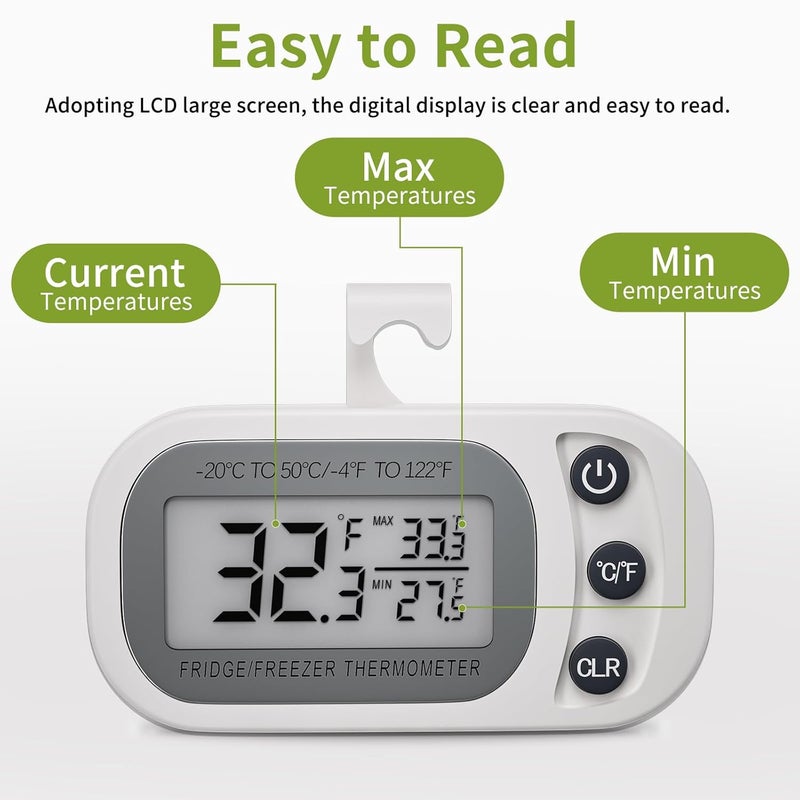 FHZON Digital Frigerator Thermometer 2 Pack, Waterproof Fridge and Freezer Thermometer, Thermometer Refrigerator with Large LCD Screen, Stand and Magnetic Back, for Room,Kitchen(White) - Image 3