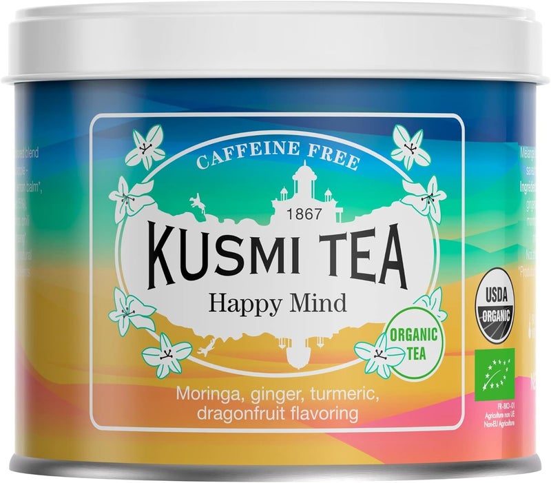 KUSMI TEA شاي كوسمي هابي مايند - شاي أعشاب عضوي مع فاكهة التنين، الكركم، التفاح، الفلفل الحار، المورينغا، الليمون والزنجبيل - خالي من الكافيين - 3.5 أونصة في علبة - Image 1