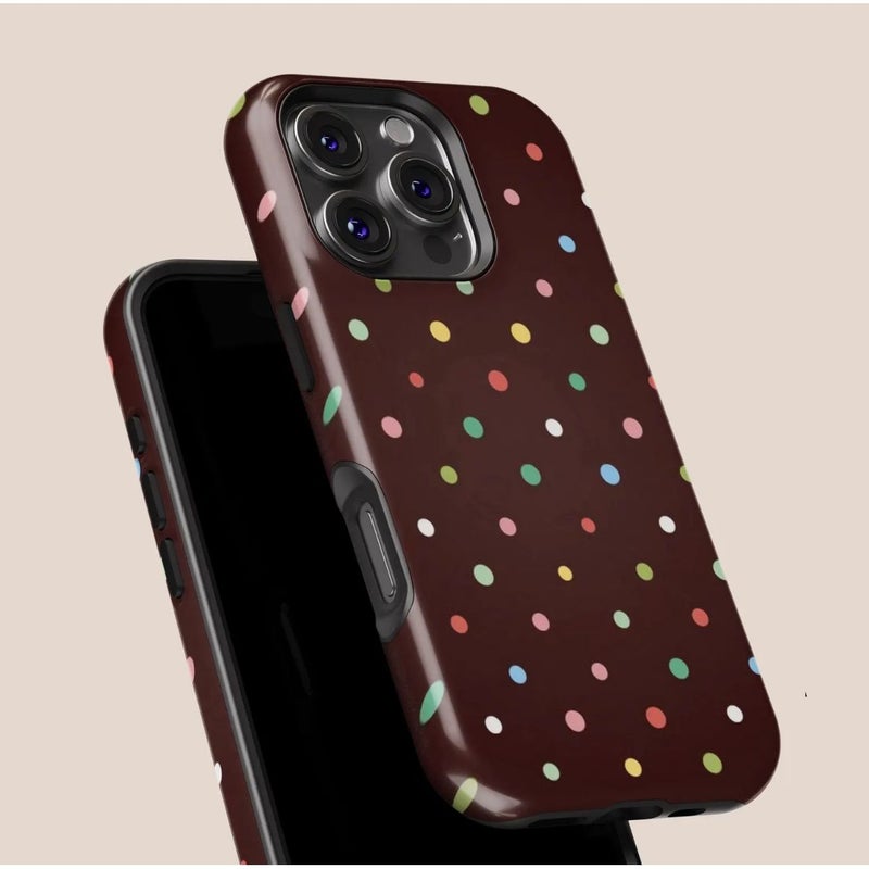 حافظة هاتف لـ iPhone 13 Mini بألوان مختلطة، نمط قديم، نقاط منقطة زاهية، خلفية بنية دافئة، غطاء حماية مرح وعصري - Image 5
