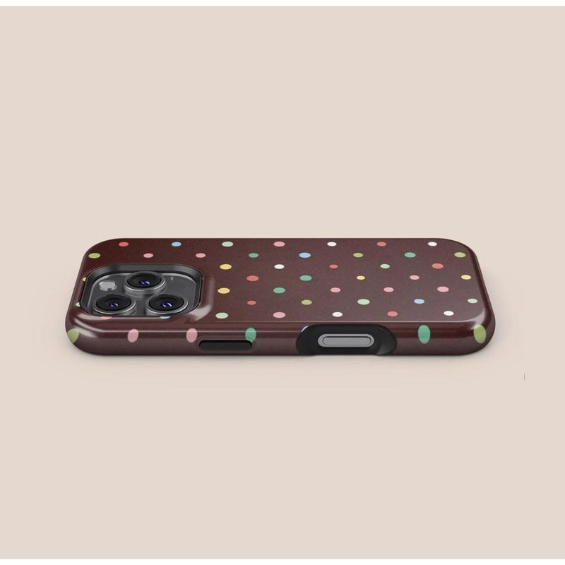 حافظة هاتف لـ iPhone 13 Mini بألوان مختلطة، نمط قديم، نقاط منقطة زاهية، خلفية بنية دافئة، غطاء حماية مرح وعصري - Image 3