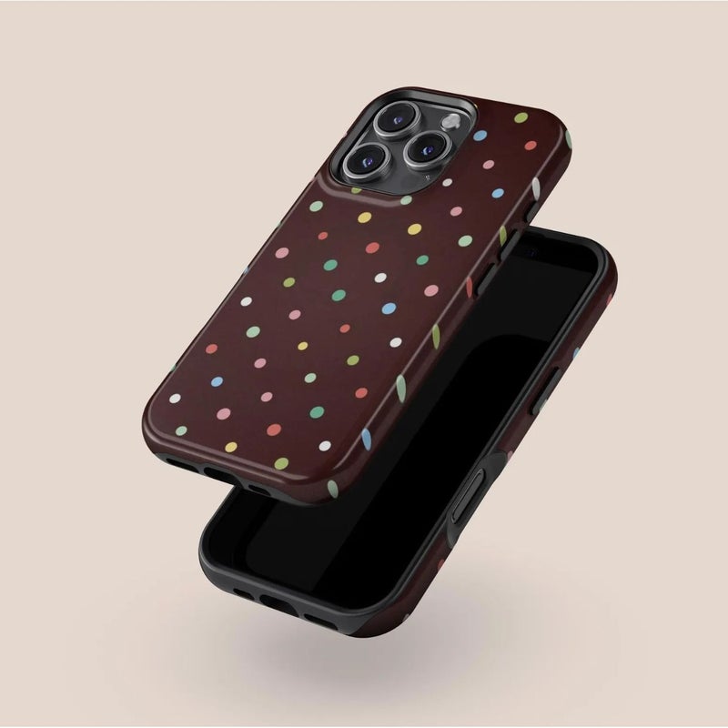 حافظة هاتف لـ iPhone 13 Mini بألوان مختلطة، نمط قديم، نقاط منقطة زاهية، خلفية بنية دافئة، غطاء حماية مرح وعصري - Image 4