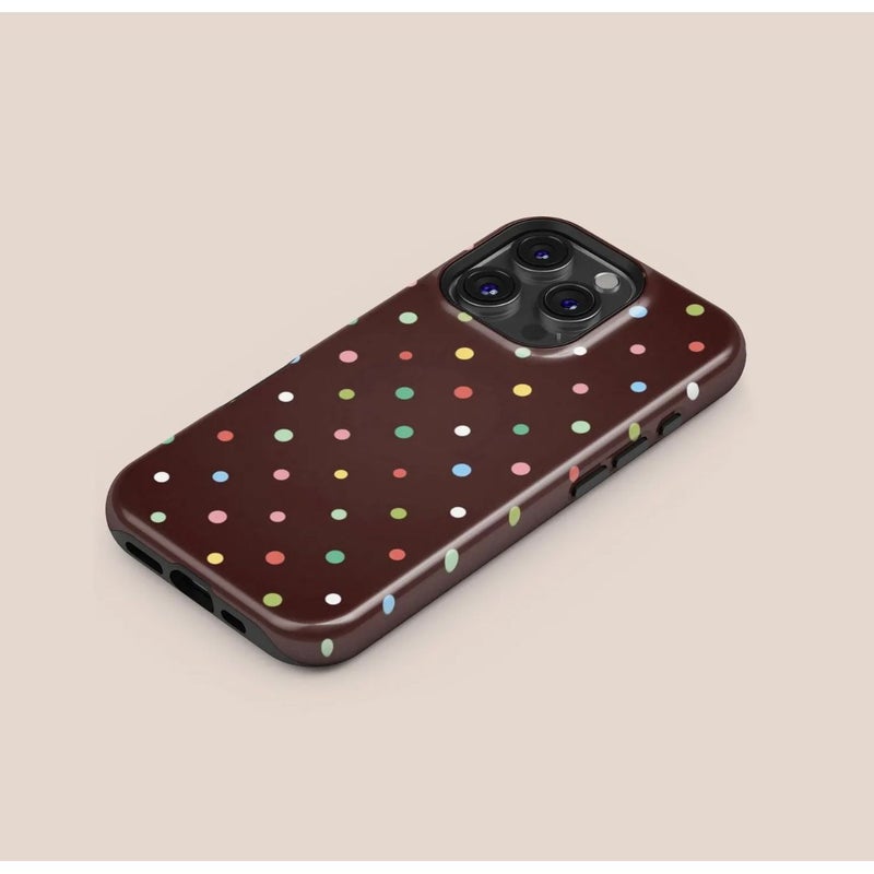 حافظة هاتف لـ iPhone 13 Mini بألوان مختلطة، نمط قديم، نقاط منقطة زاهية، خلفية بنية دافئة، غطاء حماية مرح وعصري - Image 2