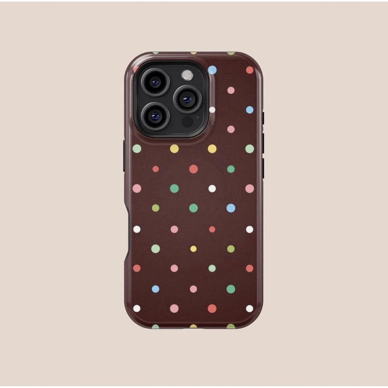 حافظة هاتف لـ iPhone 13 Mini بألوان مختلطة، نمط قديم، نقاط منقطة زاهية، خلفية بنية دافئة، غطاء حماية مرح وعصري - Image 1
