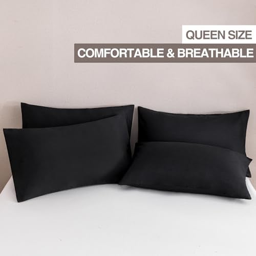 mini panda MINIPANDA Black Pillow Cases Set of 4 Queen Size - Super Soft, Smooth and Breathable Pillow Cases Queen- Envelope Design - Machine Washable Lightweight (20X30 Inches (4 Piece)) - Image 2